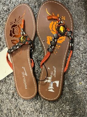 Madeline Stuart Brown Sandals with Orange Braided Straps and Yellow Gem Accents